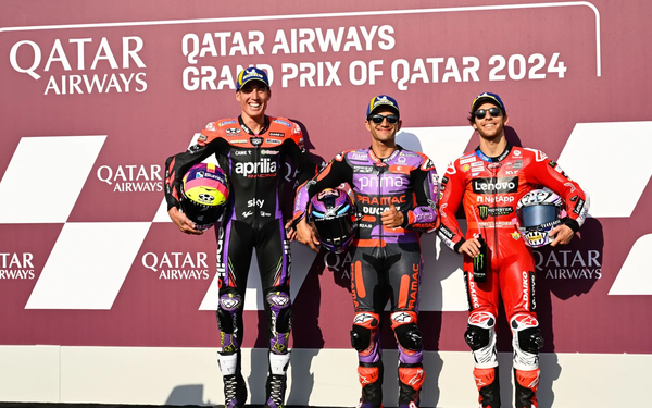 2024 모토GP개막전 카타르 GP 예선에서 호르헤 마틴(가운데)이 폴 포지션을 차지했고, 알레익스 에스파가로(왼쪽)와 에네아 바스티아니니가 각각 2, 3위로 결선에 진출했다. 사진=motogp.com