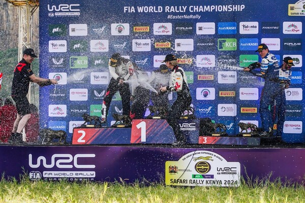 2024 WRC 케냐 사파리 랠리 시상식 뒤 샴페인 세레모니. 사진=WRC